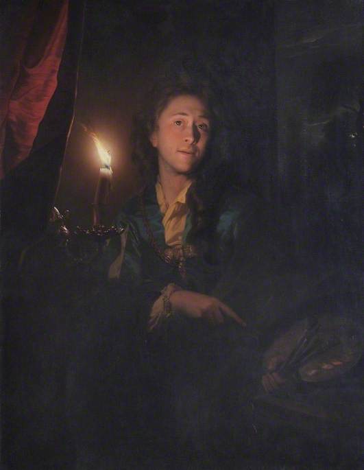 Godfried Schalcken's 'Self Portrait by Candlelight', from 1695. In a dark room with red hangings, the artist's face and torso are half-lit by a candle. He has long curling hair, wears a rich green robe and mustard shirt. His gaze is direct and questioning. With his right hand he points to the palette and brushes he holds in his left.