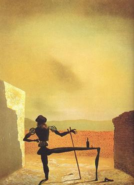 Salvador Dalí's painting 'The Ghost of Vermeer of Delft Which Can Be Used As a Table' from 1934. In seventeenth-century dress, a spindly man is on one knee with his back to us, observing a dusty red landscape and hazy sky. His right arm rests on a crutch-like stick. His bent right leg is elongated, a 'table' on which rests a bottle.