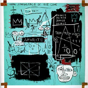 Jean-Michel Basquiat's painting 'Equals Pi' from 1982. Against a pale blue background with black segments, words are written 'the knowledge of the cone', 'amorite', 'ten yen', 'dunce'. In energetic composition are crowns, eyes, cones, calculations, and a grinning / grit-tooth face.