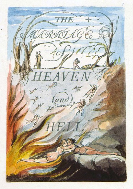 The printed and hand-coloured title page of William Blake's book 'The Marriage of Heaven and Hell' from 1790. Above, lovers stroll and kiss between stylised trees which reach to a blue sky with birds. Below, naked lovers kiss amongst orange flames. Between, tiny figures ascend and fall.