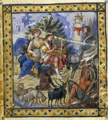 An illustration from a Byzantine psalter, circa 950. It shows David composing the psalms. A youthful David sits on a rock in the countryside, with a woman beside him. They are richly dressed in a classical style. David is surrounded by sheep, goats and a dog. The dog watches a reclining bare-chested man, who wears a laurel wreath, and is watching David. Behind David, a face peeps out from behind a half column.