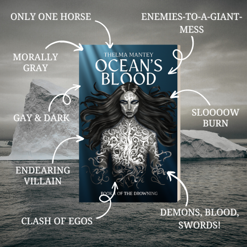 Arrow trope chart of OCEAN'S BLOOD showing the book cover before a backdrop of an iceberg, highlighting the following tropes: only one horse, enemies-to-a-giant-mess, morally gray, gay and dark, slow burn, endearing villain, clash of egos, demons, blood, swords!