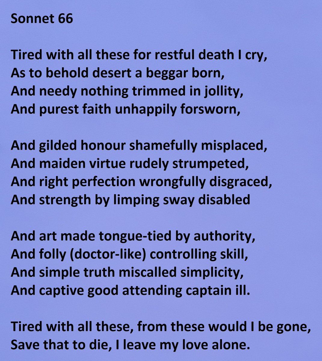 Sonnet 66 by William Shakespeare "Tired with all these for restful death I cry"