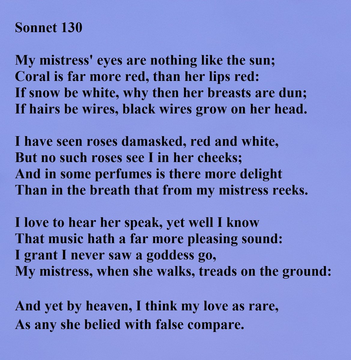 Sonnet 130 by William Shakespeare "My mistress' eyes are nothing like the sun"