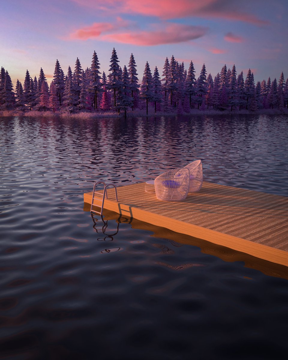 A dock reaching out into the lake. Sunset. Pine trees on an island in the distance.
