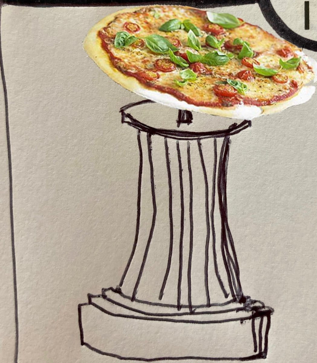 Collage of a pizza on a pedestal