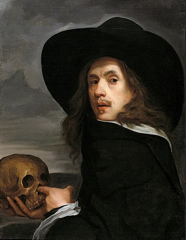 Classic painting of a man in a black hat sticking a finger into the nose hole of a skull