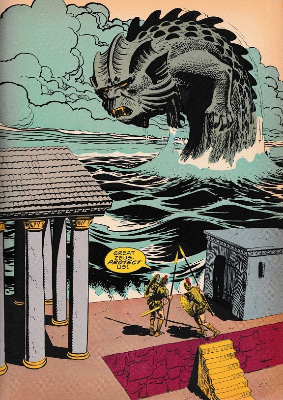 Comic book illustration of The Kraken rising from the sea in Clash of the Titans.