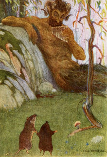 Illustration of Rat and Mole with a satyr, from The Piper at the Gates of Dawn, The Wind in The Willows, 1913.