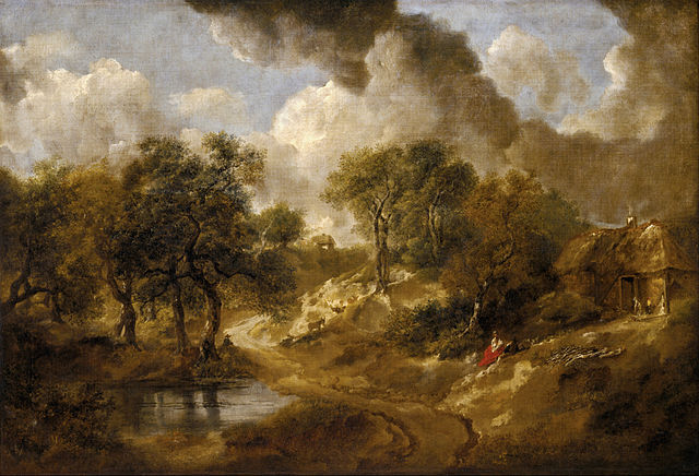 Thomas Gainsborough's painting 'Landscape in Suffolk' (1748). A country road winds through the centre. To the left is a pond surrounded by gnarly trees, beneath which sits an indistinct figure with hat. To the right, a woman in red skirts sits on the ground in conversation with a reclining man, before a cottage. Smoke from the cottage chimney billows darkly into a sky of pale blue with fat white clouds.
