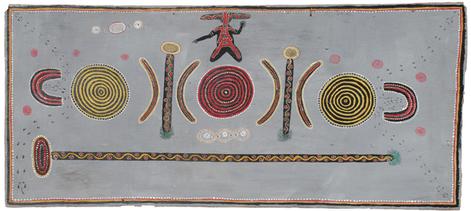Kaapa Tjampitjinpa's painting 'Gulgardi' (1971).  This Papunya painting is also known as 'Men's Ceremony for the Kangaroo'. A red and ochre border surrounds a pale blue-grey background with white and red dots. A red figure with headdress kneels above a symmetrical sequence of red and ochre arcs, circles and poles (all intricately decorated). Beneath these lies a large ceremonial pole.