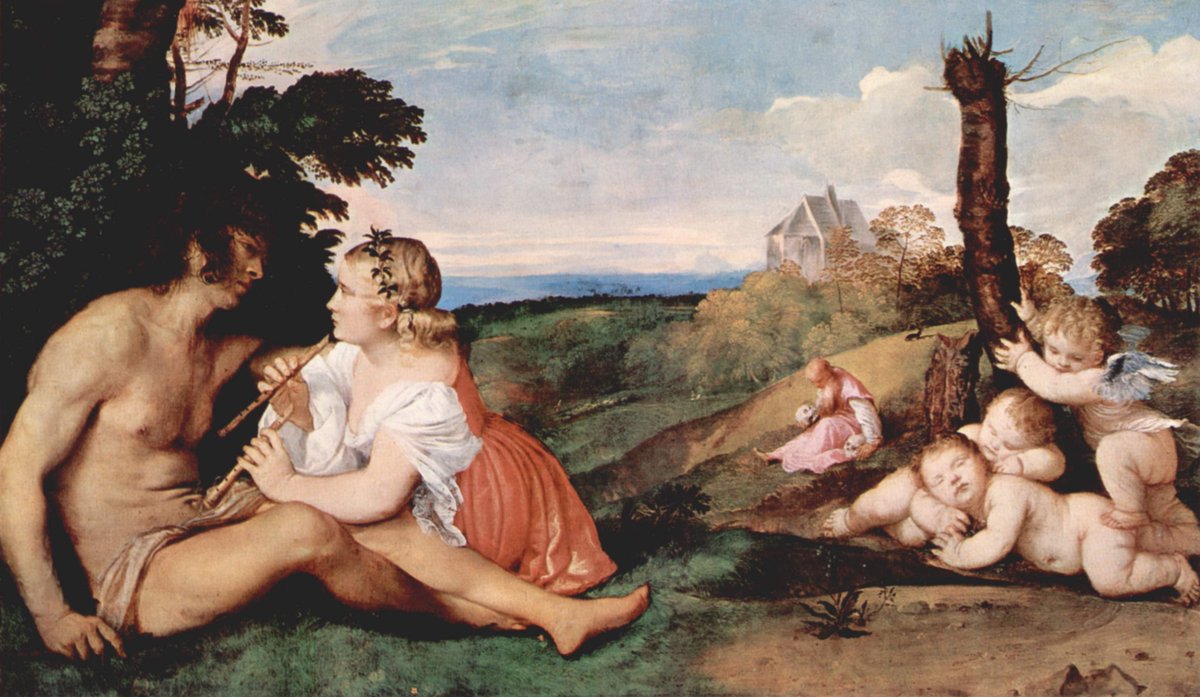 Titian's painting 'The Three Ages of Man', from 1511. In a country landscape, to the left foreground a naked young man gazes passionately at a young woman. She wears a wreath, red and white dress, and is holding a flute. To the right, cherubs snooze. In the middle ground, a bareheaded woman considers the skull in her hand. Further away, a pale mansion, sea and pinking sky.