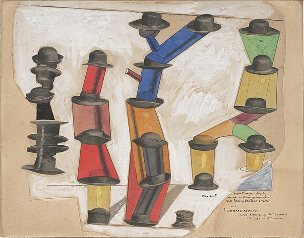 Max Ernst's collage 'The Hat Makes the Man' from 1920. Pictures of hats cut from catalogues are stacked between beams of primary colours to create abstract human-like figures.